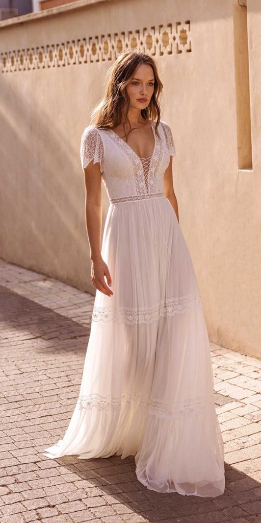 country wedding dresses a line with cap sleeves lace beach asafdadush
