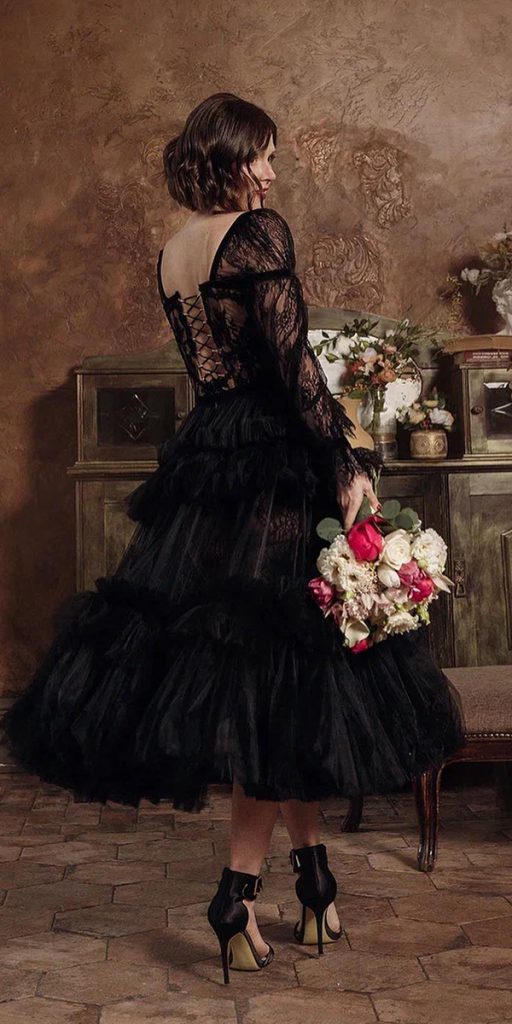 gothic wedding dresses tea length black with sleeves lace malyarovaolga