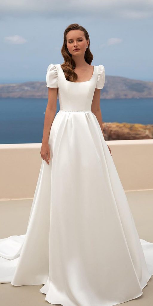 silk wedding dresses a line simple with cap sleeves ariabride