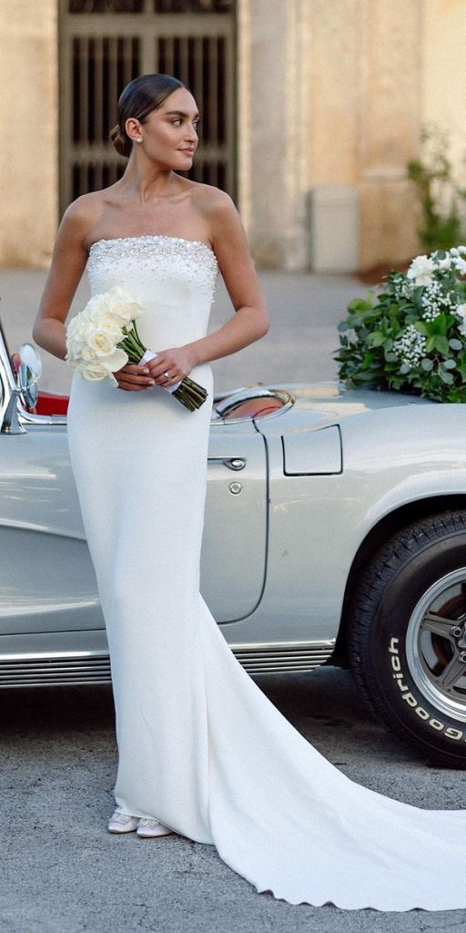 simple beach destination wedding dresses sheath strapless train galialahav