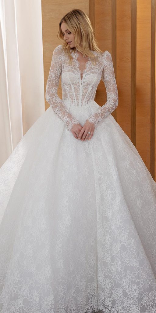 wedding dresses with lace sleeves ball gown sweetheart neckline pnina tornai