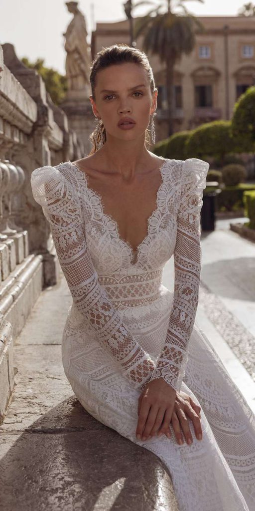 wedding dresses with lace sleeves boho v neckline pinellapassaro
