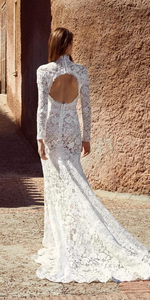 wedding dresses with lace sleeves sheath open back costarellos