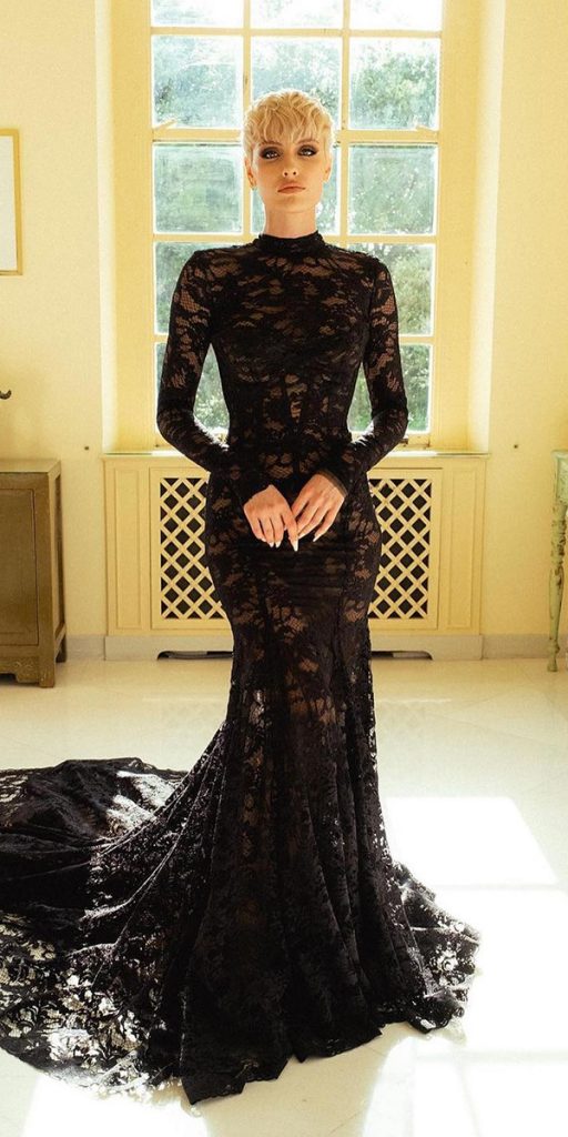 Glitter Embroidered Lace A-line Cathedral Gothic Black Wedding Dress -  Princessly