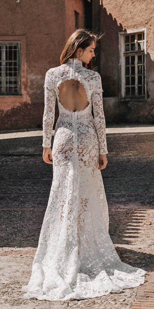 bridal gowns with sleeves sheath lace boho open back costarellos