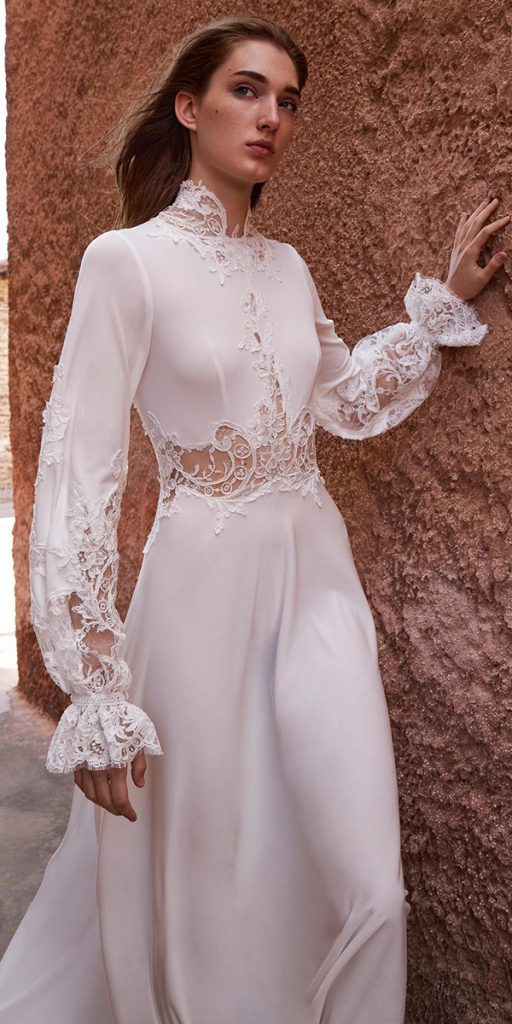 bridal gowns with sleeves with boho high neck costarellos