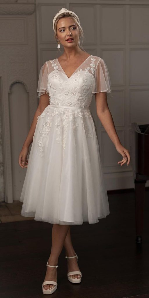 knee length wedding dresses v neckline lace with cap sleeves truebride