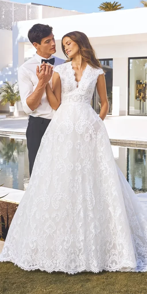 lace bridal gowns a line v neckline modest pronovias