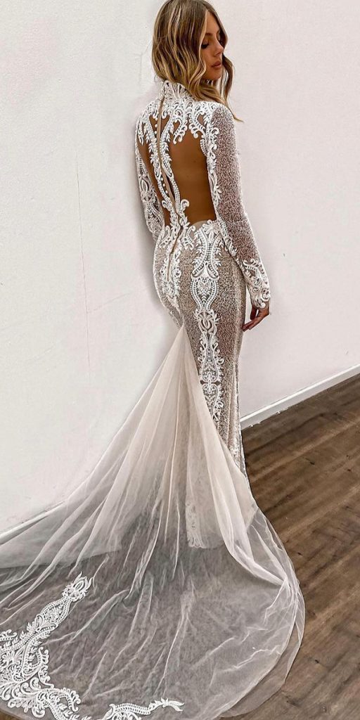 lace bridal gowns illusion back train with sleeves sexy berta