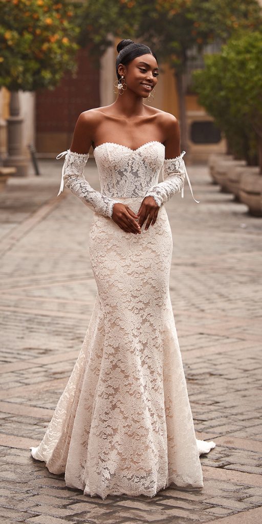 lace bridal gowns sleeves off the shoulder sweetheart neckline val stefani