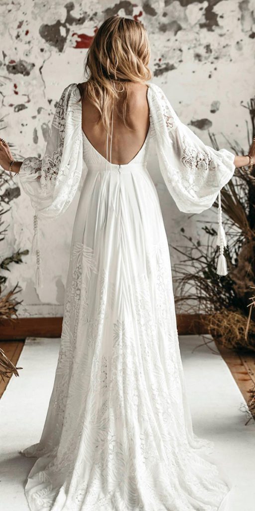  long sleeve wedding dresses a line open back boho rustic rue de seine