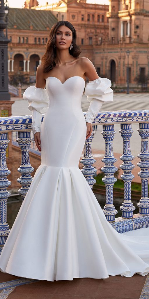 mermaid wedding dresses simple with puff sleeves sweetheart elegant train moonlight