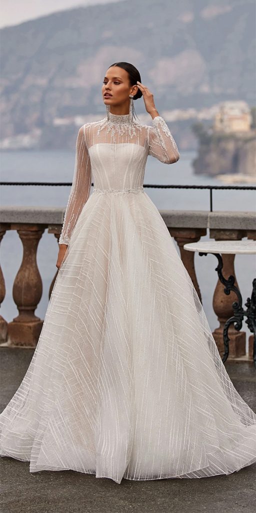 modest wedding dresses with sleeves a line with high neck pollardi