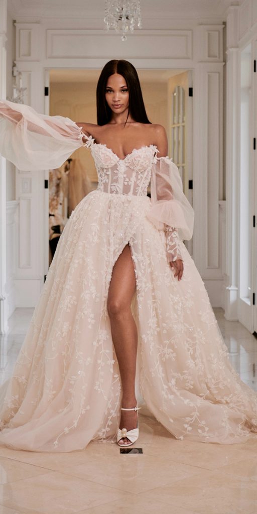 puff long sleeve wedding dresses ball gown sweetheart neckline floral galia lahav
