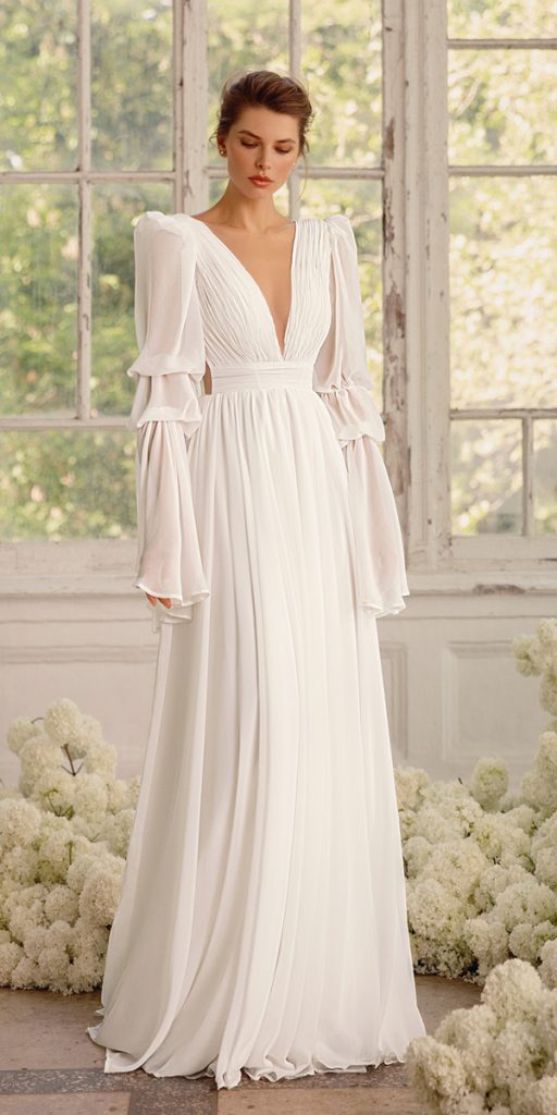 puff long sleeve wedding dresses simple boho v neckline luce sposa