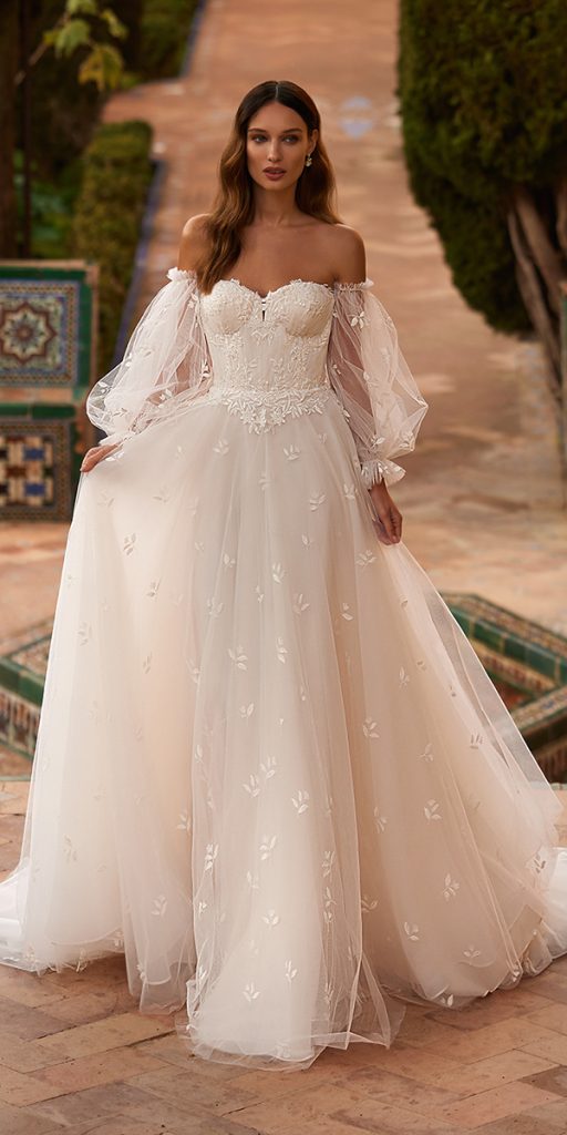 romantic bridal gowns ball gown sweetheart neckline lace puff sleeves moonlight
