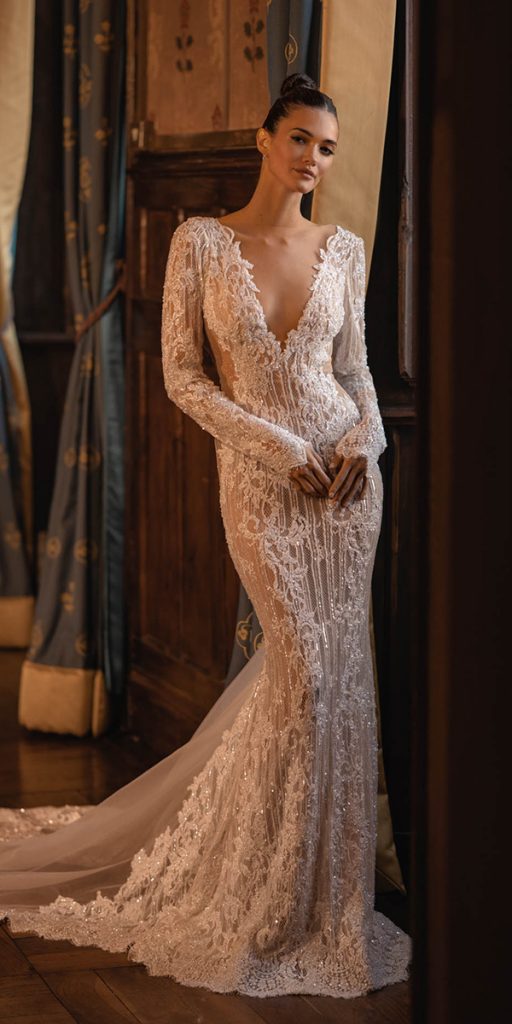 rustic lace wedding dresses sheath with long sleeves sexy berta