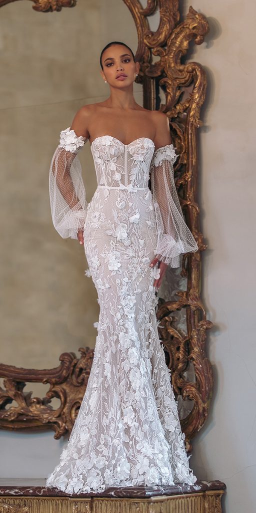 top wedding dresses mermaid puff sleeves floral appliques wonaconcept