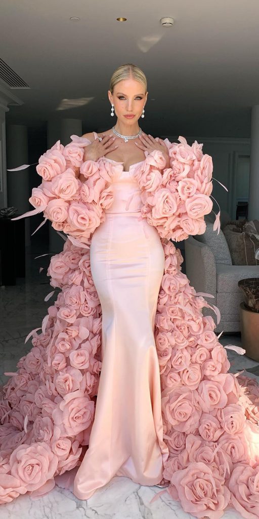 trumpet wedding dresses pink simple with floral appliques cape nicolefeliciacouture