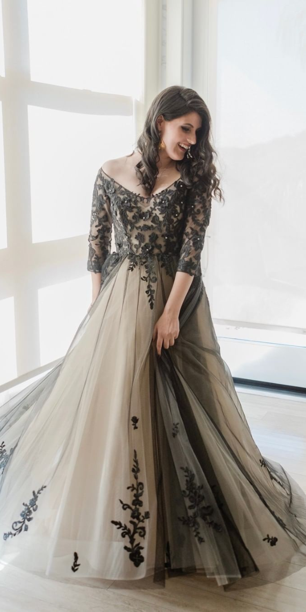 black and white wedding dresses lace a-line gown