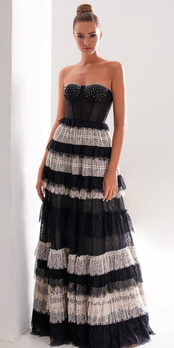 black and white wedding dresses lace layered gown