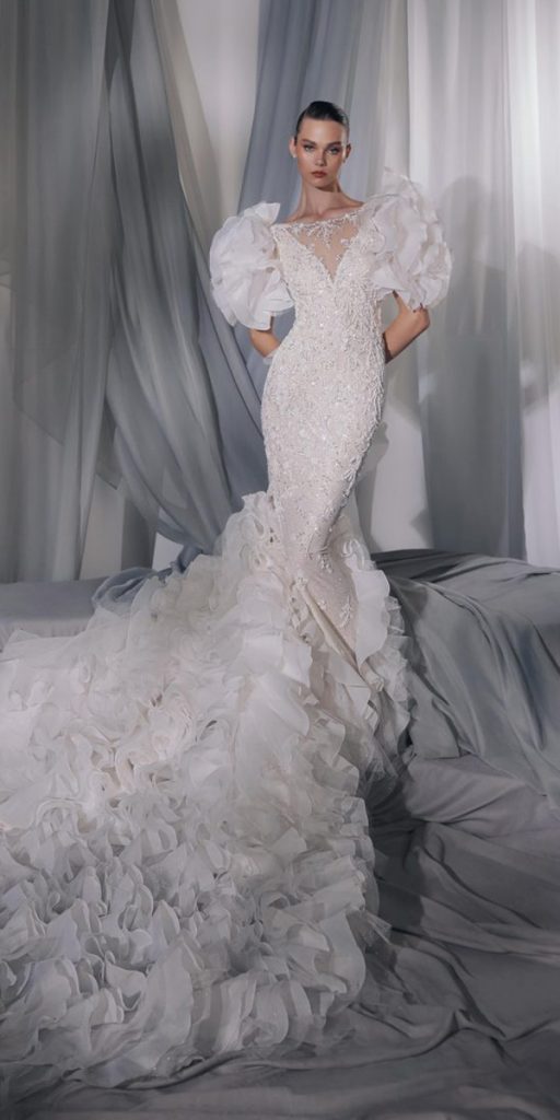  carfelli wedding dresses mermaid with puff sleeves long train