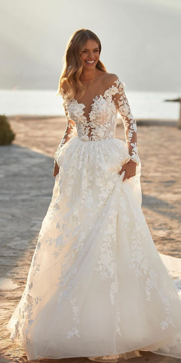 illusion long sleeve wedding dresses floral ideas