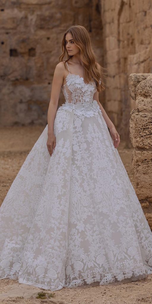 lace ball gown wedding dresses floral appliques lace with spaghetti straps pnina tornai