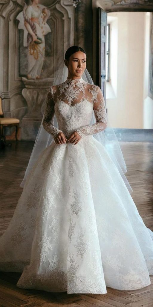 lace ball gown wedding dresses with long sleeves sweetheart neckline moniquelhuillierbride