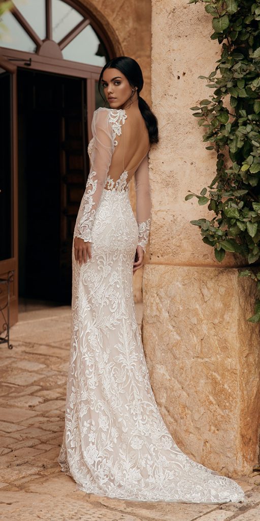 lace beach wedding dresses sheath backless with long sleeves madioni
