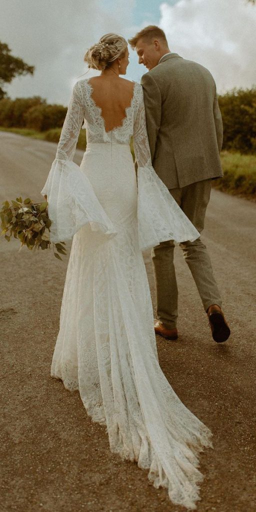lace boho wedding dresses sheath open back with long sleeves rish bridal