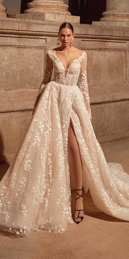 lace wedding dresses with sleeves a line with slit galialahav