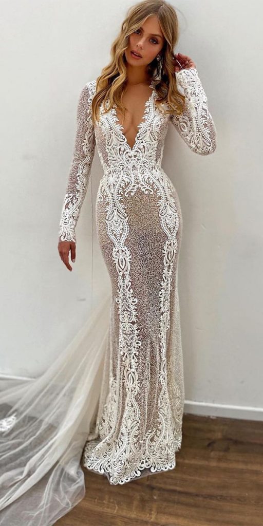 Berta Long Sleeve V Neck Lace Wedding Dress