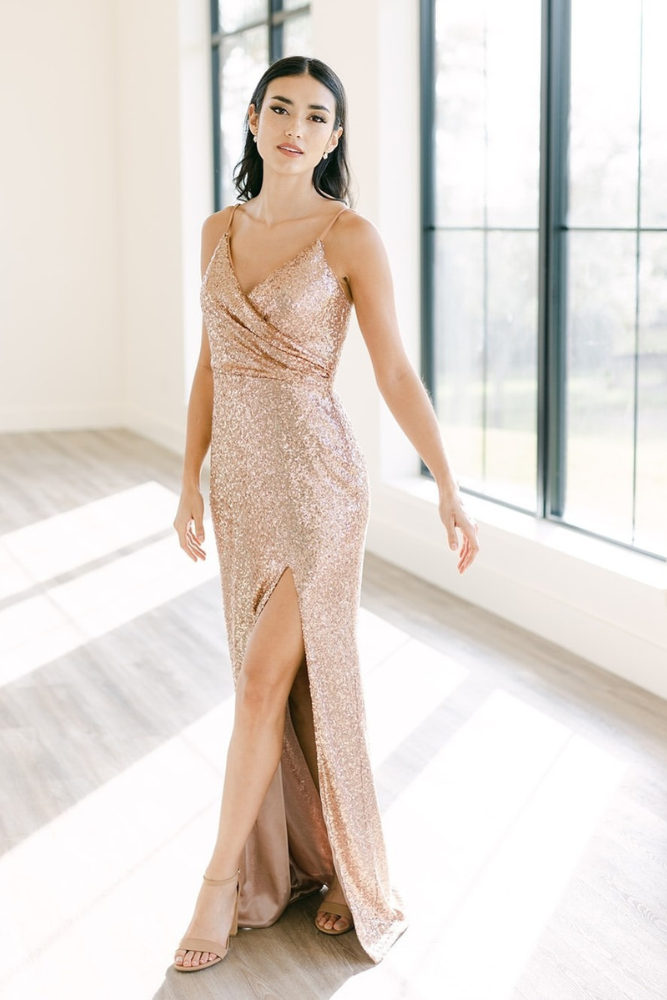 sequin bridesmaid dresses rose gold gown with split