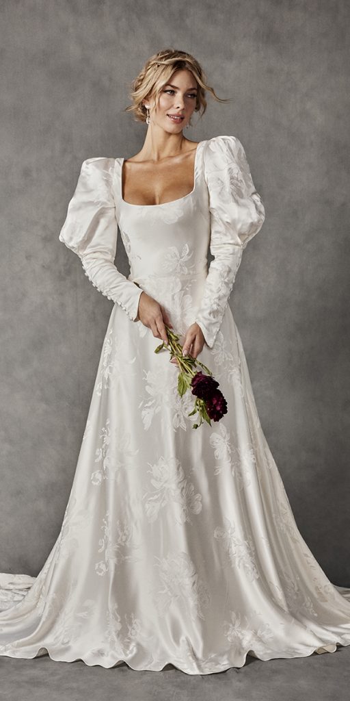silk wedding dresses a line with long sleeves square neckline rebecca schoneveld