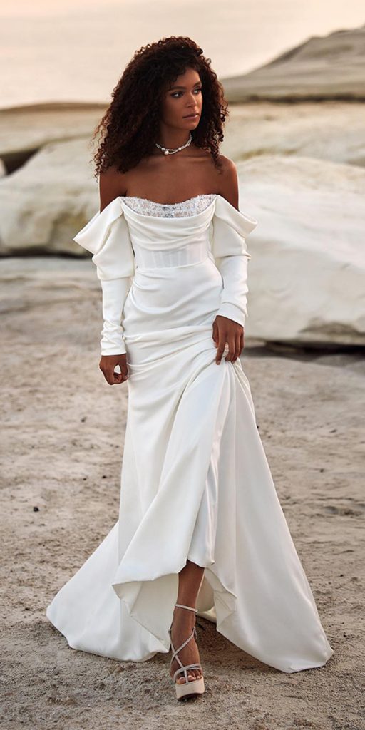  silk wedding dresses with long sleeves simple off the shoulder milla nova