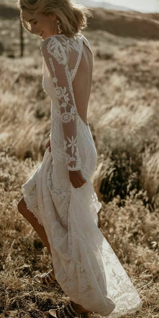  barn rustic wedding dresses open back with long sleeves lace boho dreamersandlovers
