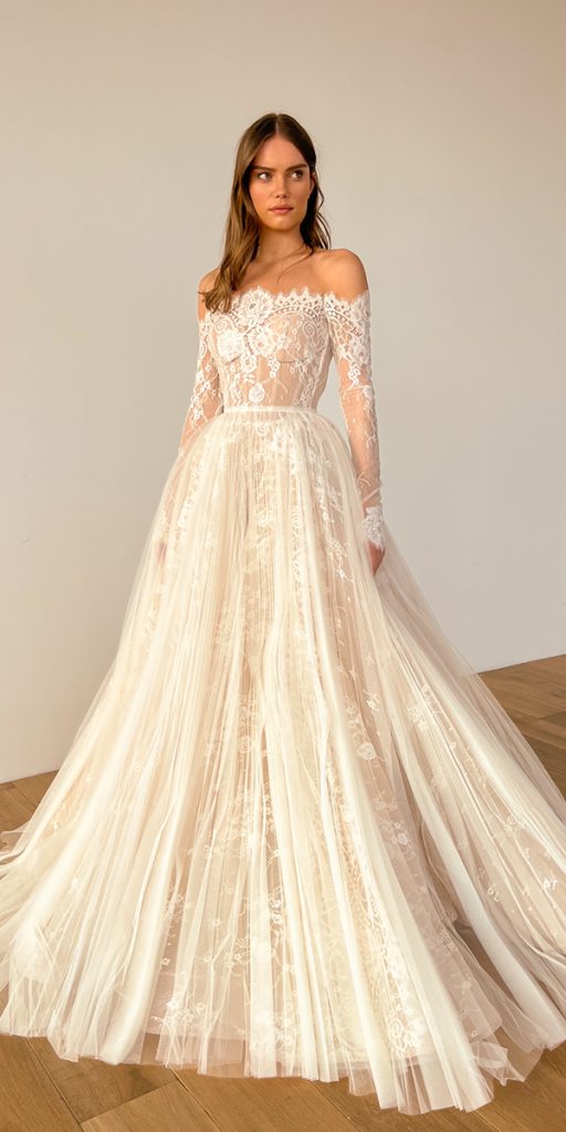 bridal gowns with sleeves a line off the shoulder galialahav