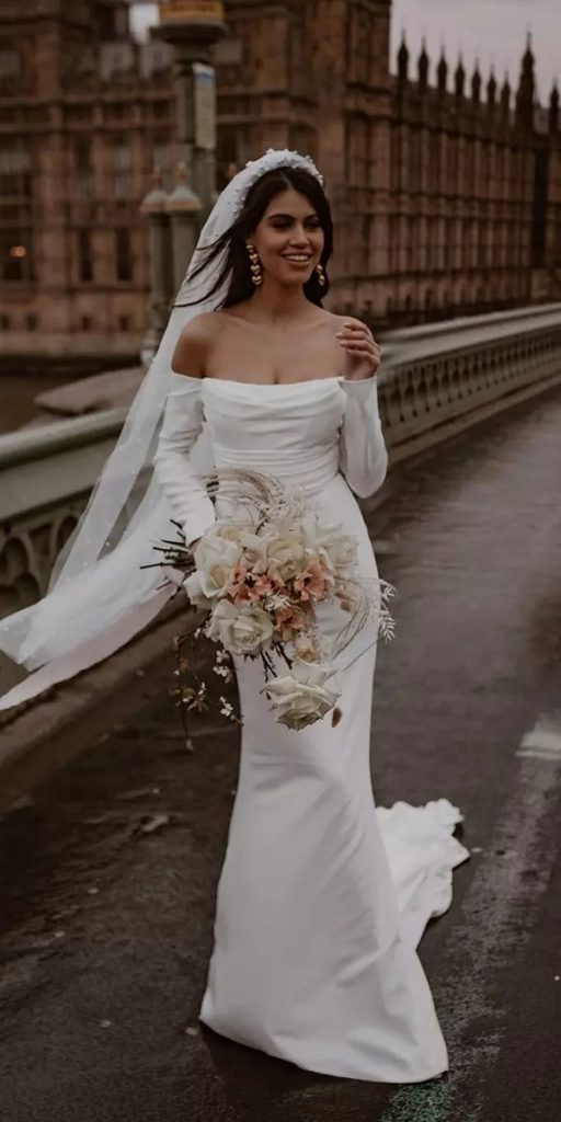 bridal gowns with sleeves sheath simple off the shoulder madewithlove