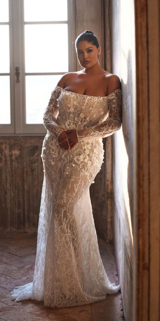 lace plus size wedding dresses sheath with long sleeves millanova