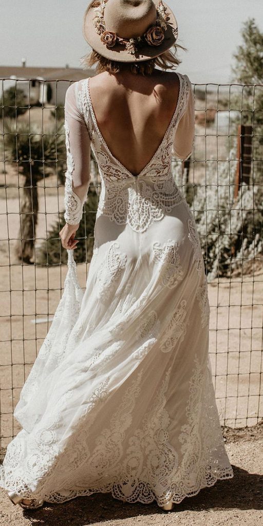 long sleeve wedding dresses boho v back with lace dreamers and lovers