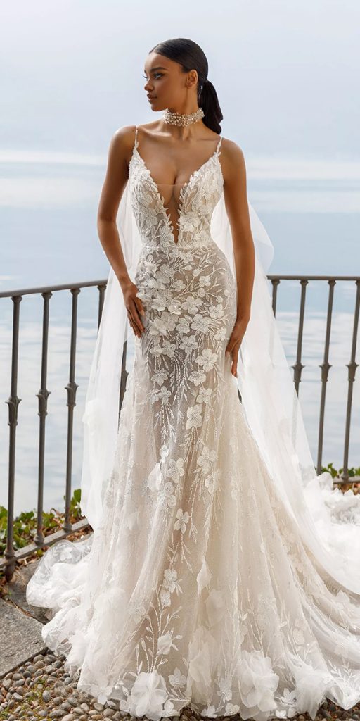 beach wedding dresses fit and flare lace floral with spaghetti straps oksana mukha