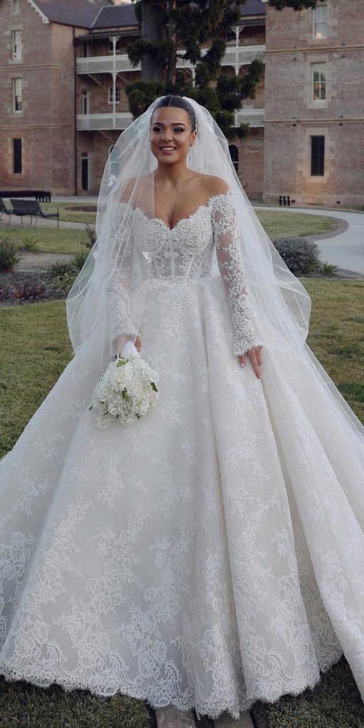 lace bridal gowns ball gown with long sleeves off the shoulder steven khalil