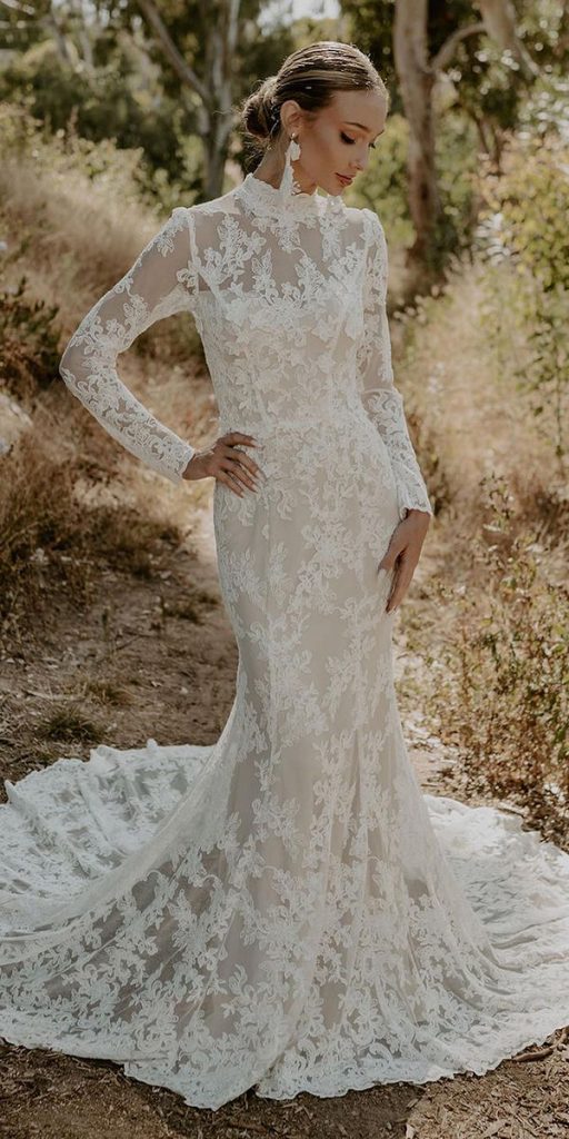 lace bridal gowns sheath with long sleeves boho dreamersandlovers
