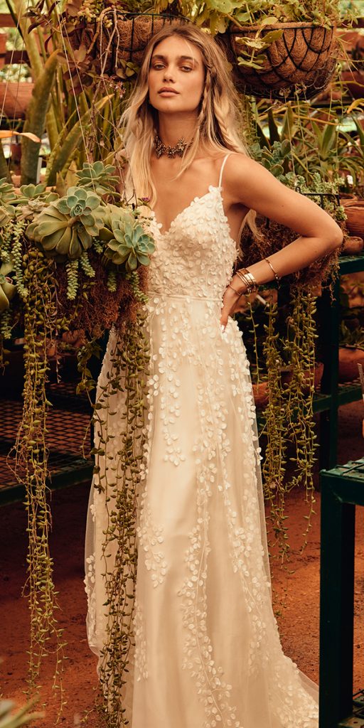rustic wedding dresses a line with spaghetti straps floral appliques catherine deane