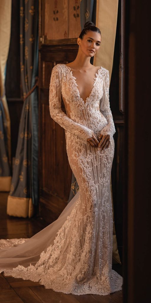 rustic wedding dresses sexy deep v neckline sheath with long sleeves berta