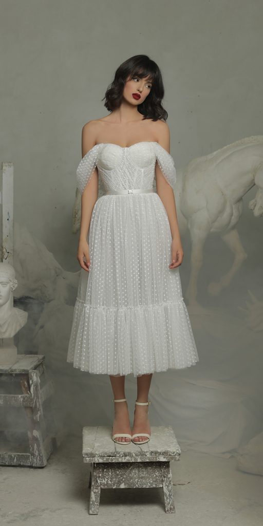 tea length wedding dresses strapless neckline off the shoulder tarik ediz