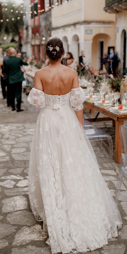 wedding dress designers a line off the shoulder with puff sleeves galiakarten