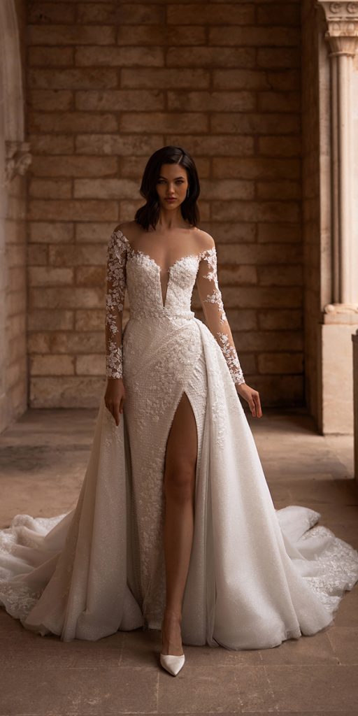 wedding dress designers sheath with overskirt with sleeves lace wonaconcept