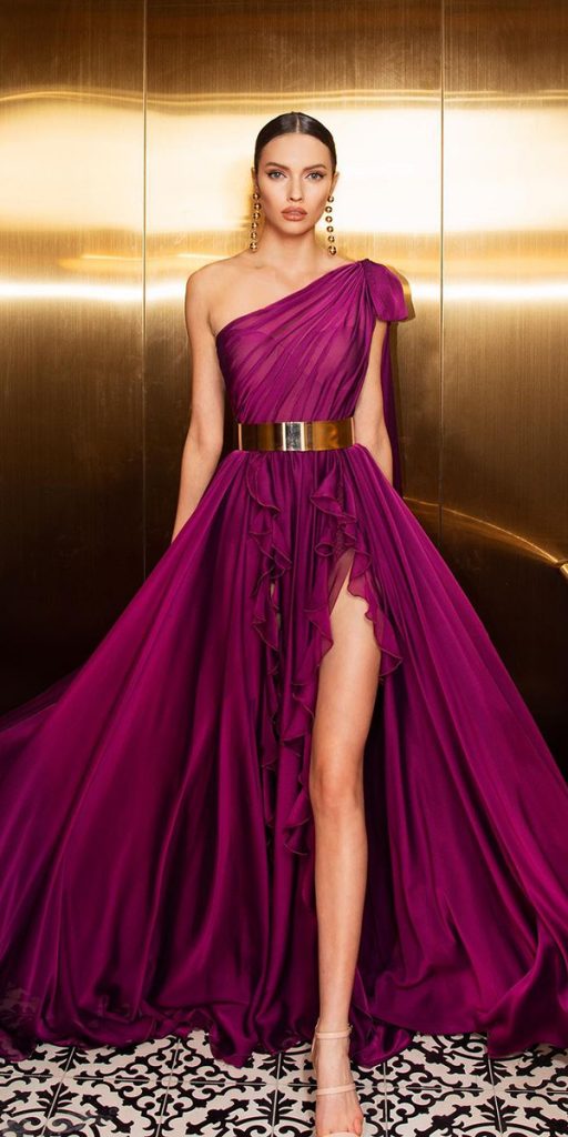 dark purple wedding dresses simple with slite assymetric neckline julievinobridal